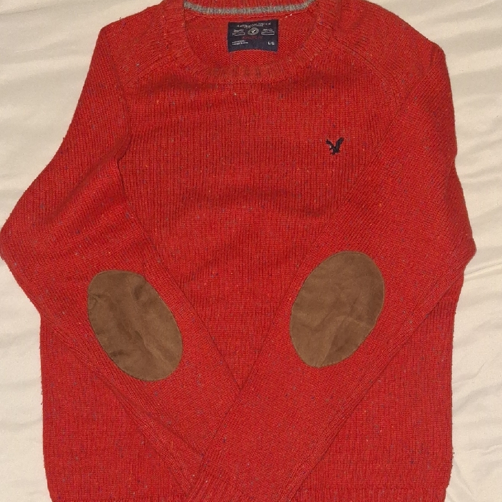 American Eagle Outfitters Red Crewneck Sweater with Brown Elbow Patches